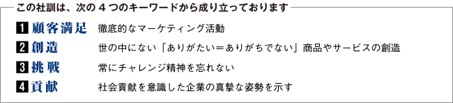 この社訓は、次の4つのキーワードから成り立っております。1.顧客満足 徹底的なマーケティング活動 2.創造 世の中にない「ありがたい=ありがちでない」商品やサービスの創造 3.挑戦 常にチャレンジ精神を忘れない 4.貢献 社会貢献を意識した企業の真摯な姿勢を示す