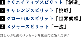 1.クリエイティブスピリット「創造」2.チャレンジスピリット「挑戦」3.グローバルスピリット「世界規模」4.メジャースピリット「一流」